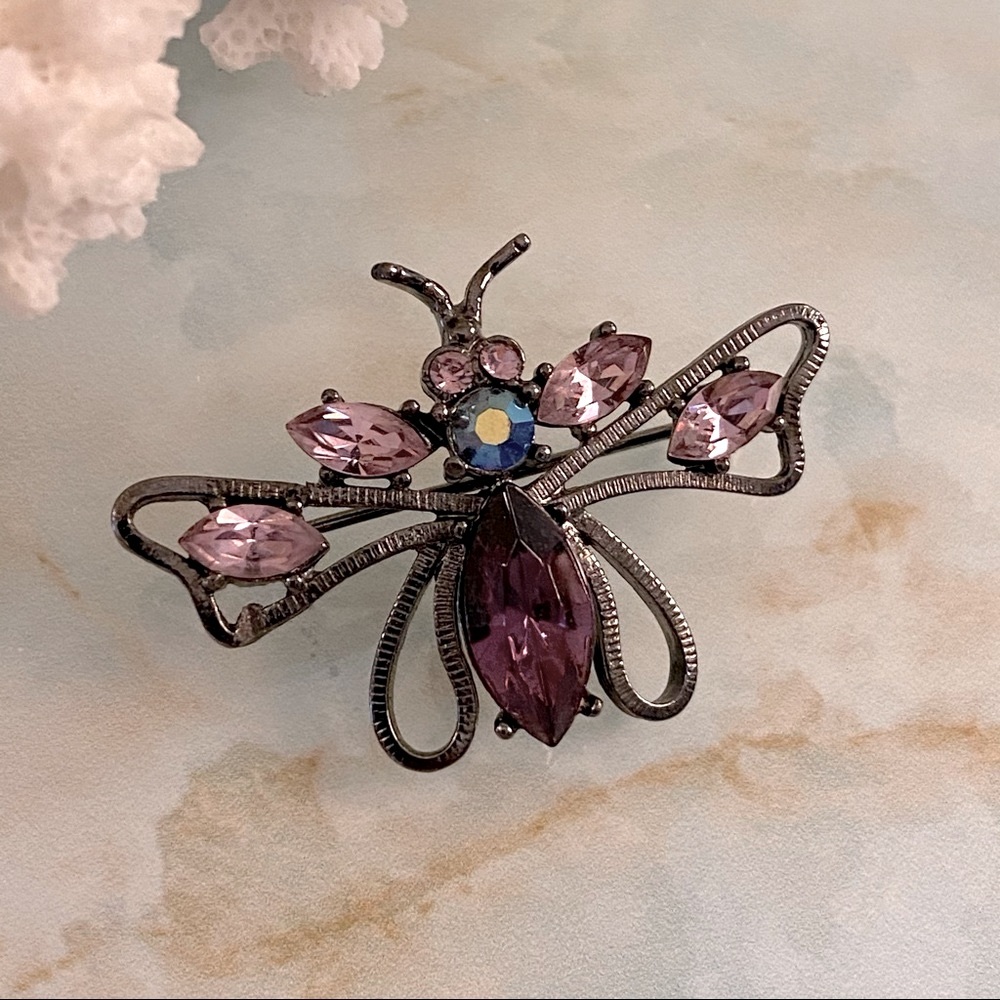 Vintage Butterfly Brooch in Pink Purple and Blue Rhinestone